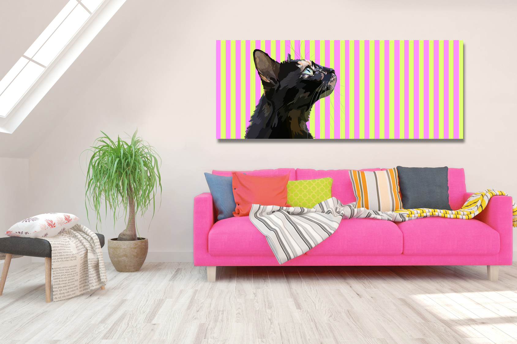 White stylish minimalist room in hight resolution with coral sofa. Scandinavian interior design. 3D illustration White stylish minimalist room in hight resolution with coral sofa. Scandinavian interior design. 3D illustration